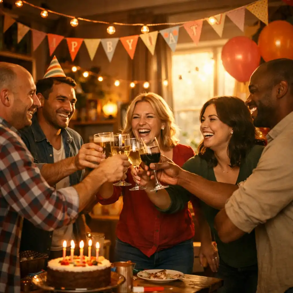Invités souriants qui trinquent lors d’une fête d’anniversaire chaleureuse