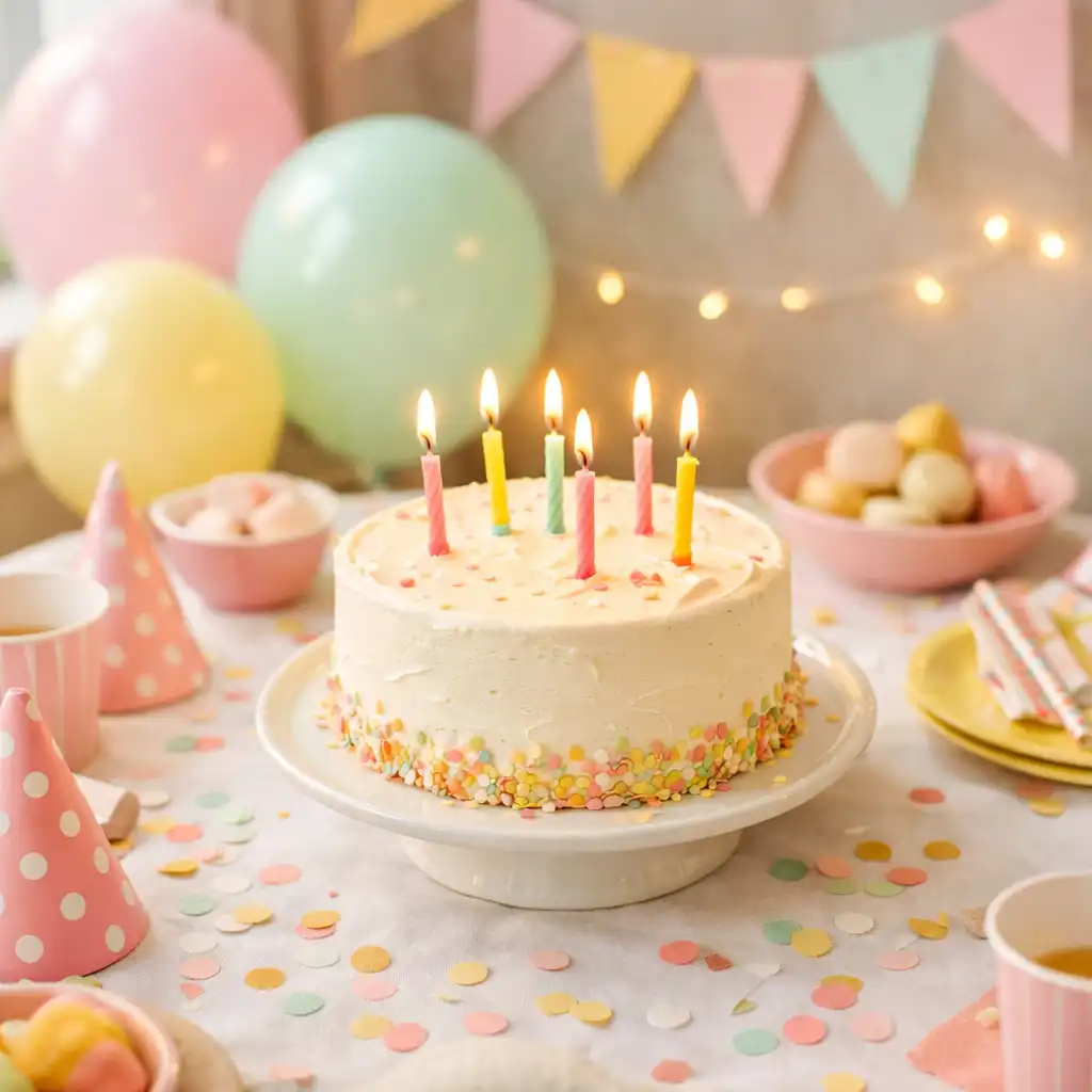 Décoration d’anniversaire chaleureuse avec ballons pastel, guirlandes et gâteau à bougies