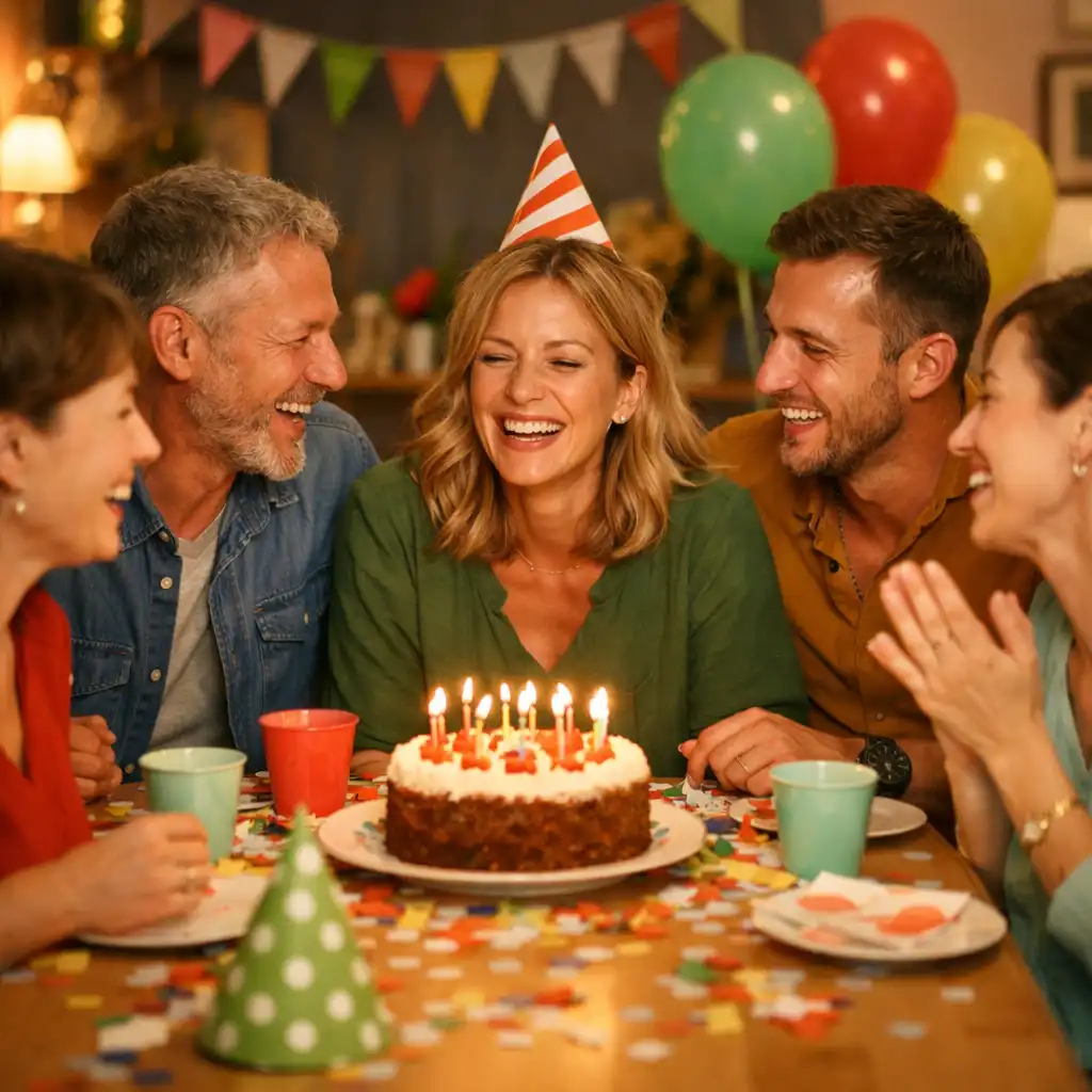 Invités souriant autour d’une table d’anniversaire décorée de ballons colorés et de confettis