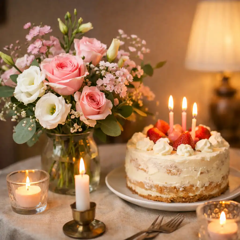 Anniversaire intime avec décoration florale, bougies et gâteau personnalisé