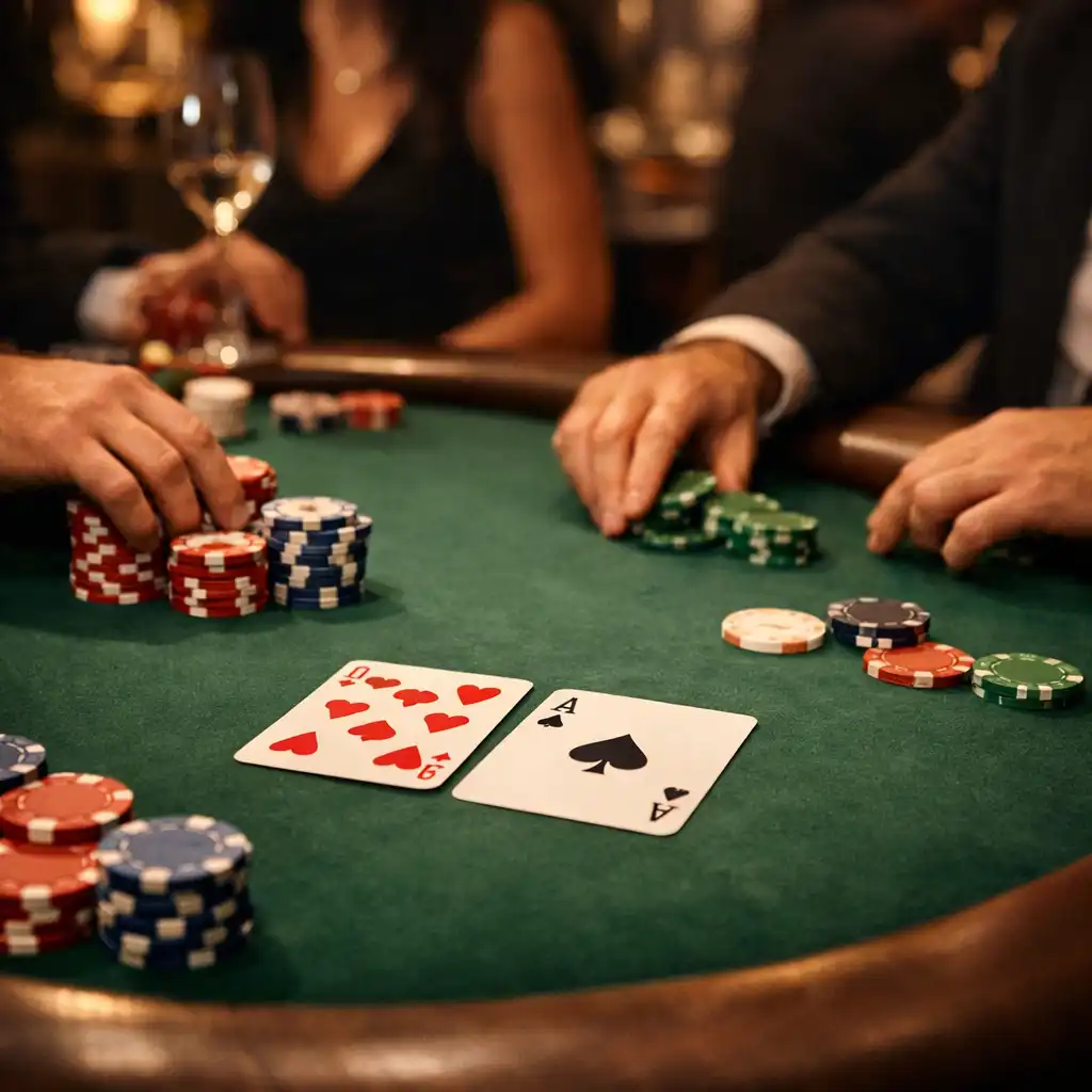 Table de poker élégante avec jetons, cartes et mains de joueurs lors d'un événement corporate