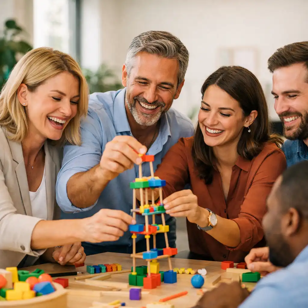 Équipe d'entreprise souriante lors d'un team building dans un espace lumineux