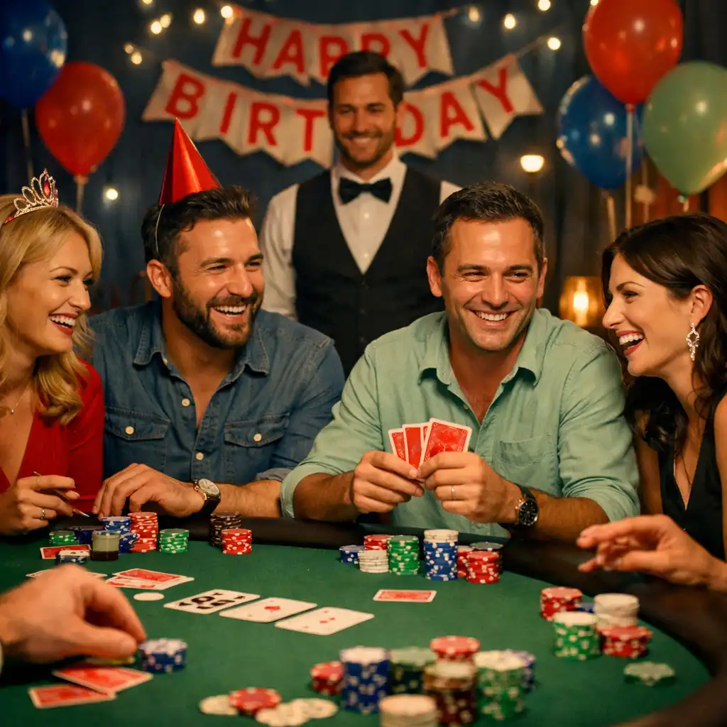 Table de poker conviviale lors d’un anniversaire thématique avec invités souriants
