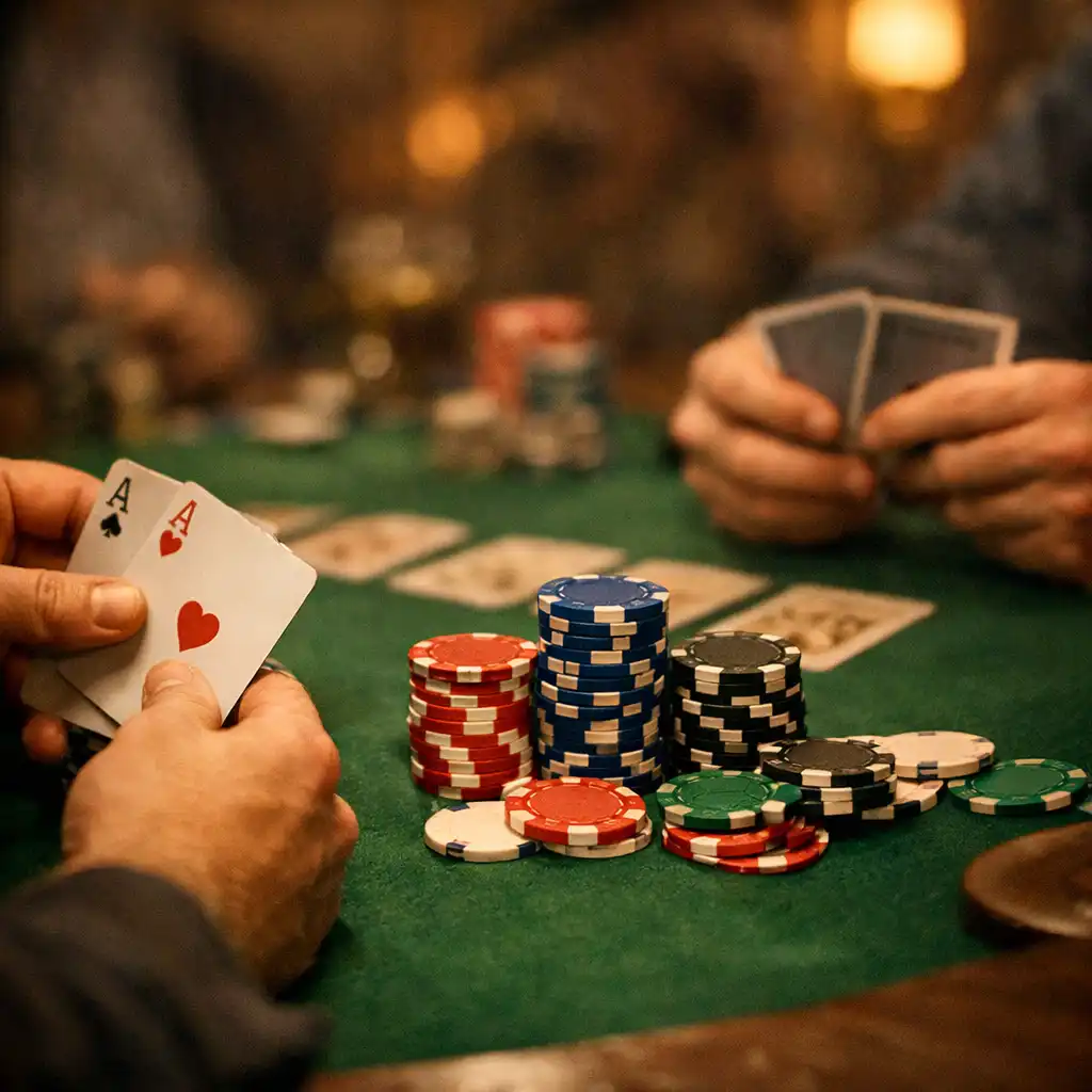 Gros plan sur une table de poker physique avec des mains de joueurs, cartes et jetons