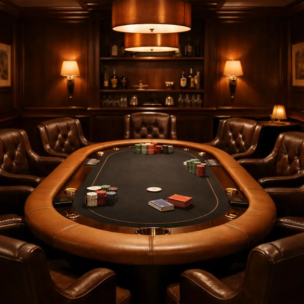 Card Lounge élégant avec table de poker professionnelle et fauteuils confortables, éclairage tamisé