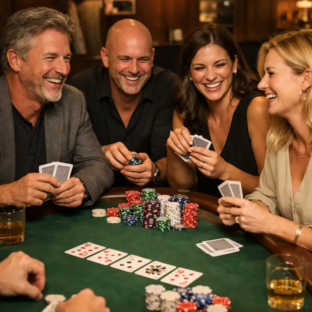 Table de poker physique avec des participants souriants, cartes et jetons, dans une ambiance chaleureuse