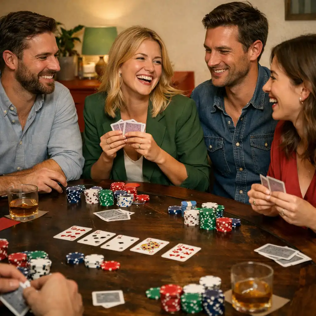 Joueurs souriants autour d'une table de poker offline dans une salle chaleureuse