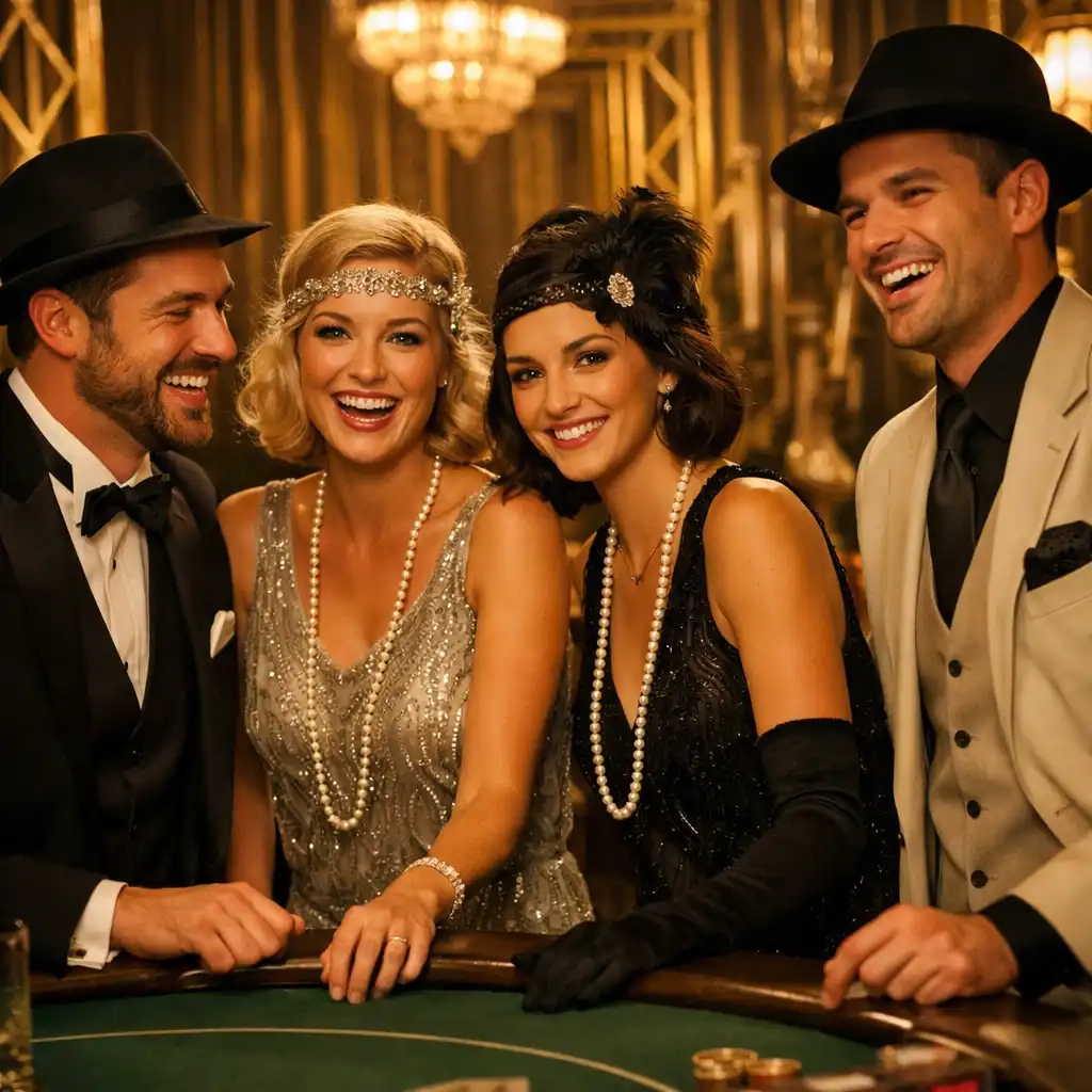 Groupe d'amis souriants lors d'une soirée casino thématique autour d'une table de poker