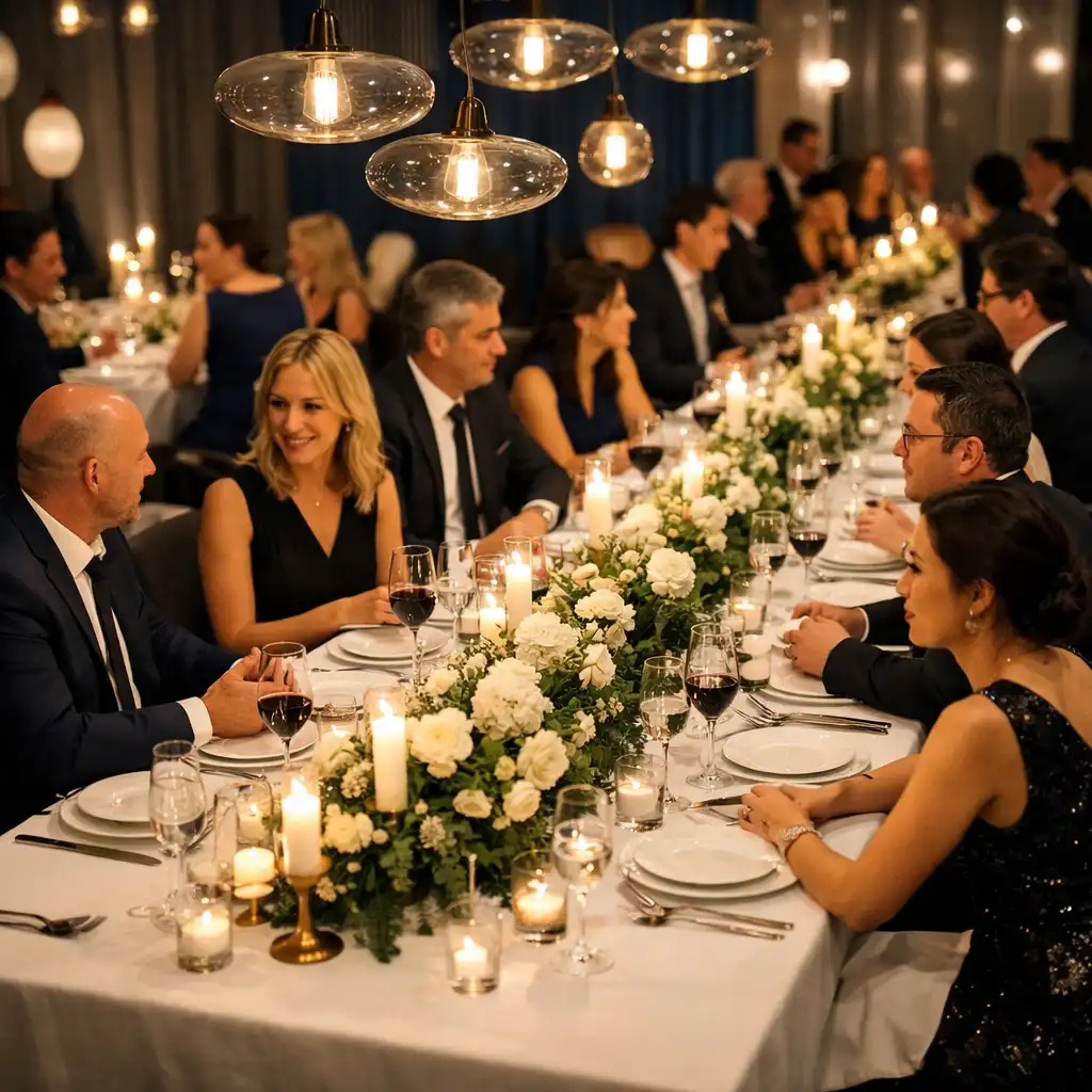 Soirée corporate élégante avec un dîner assis, tables dressées et invités en tenue de soirée