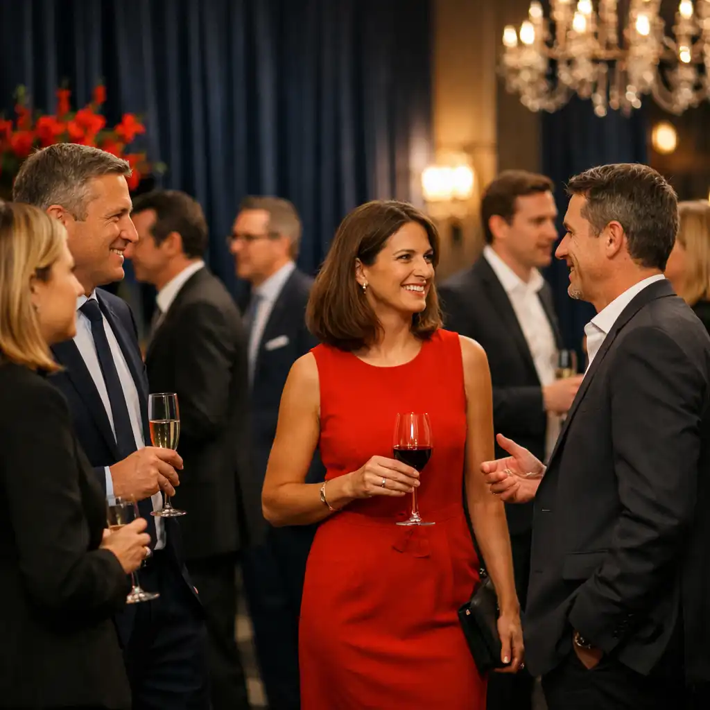 Professionnels en tenue chic discutant lors d’une soirée corporate élégante