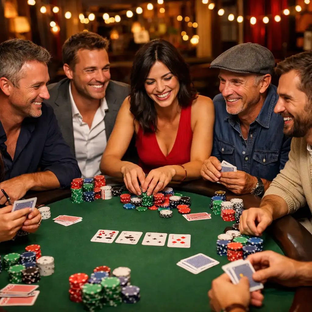 Table de poker animée avec des participants souriants lors d’une soirée privée à Deauville