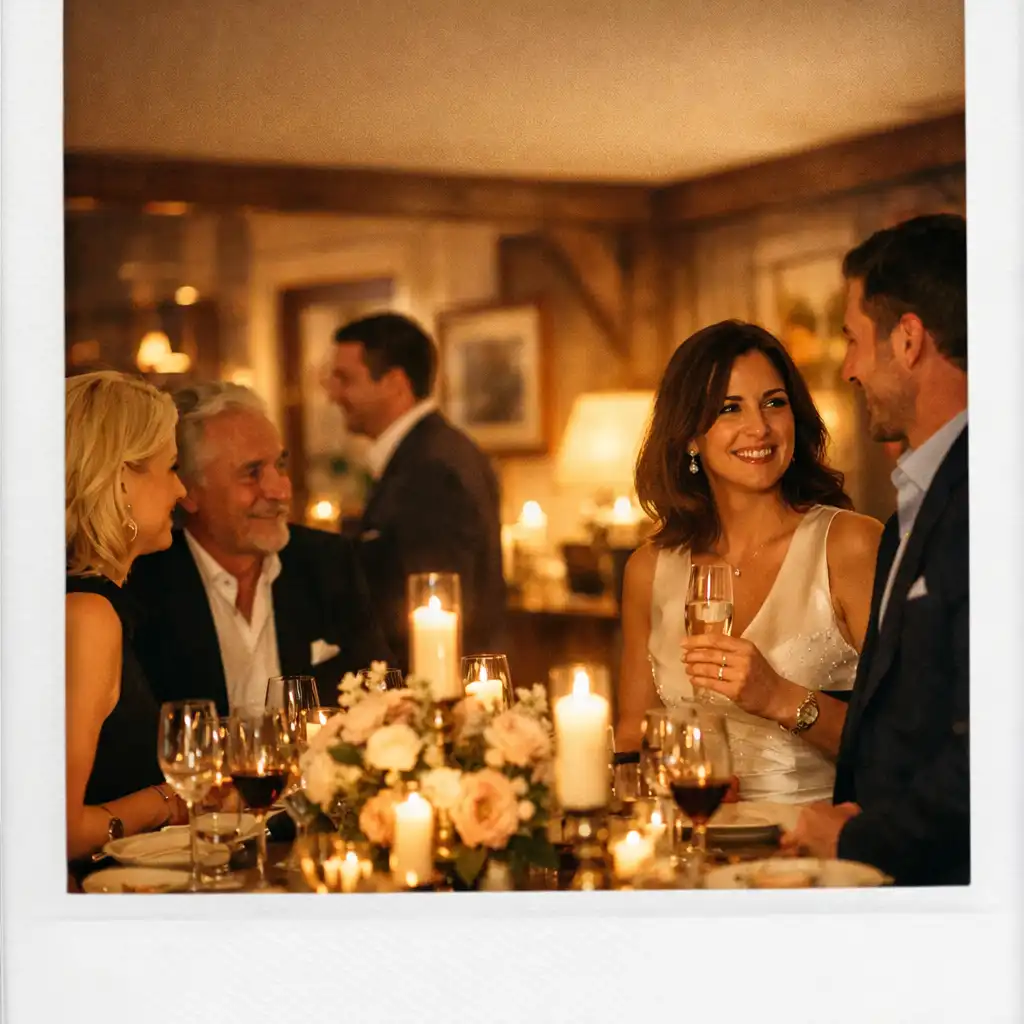 Soirée privée élégante à Deauville avec des invités souriants autour d'une table joliment dressée