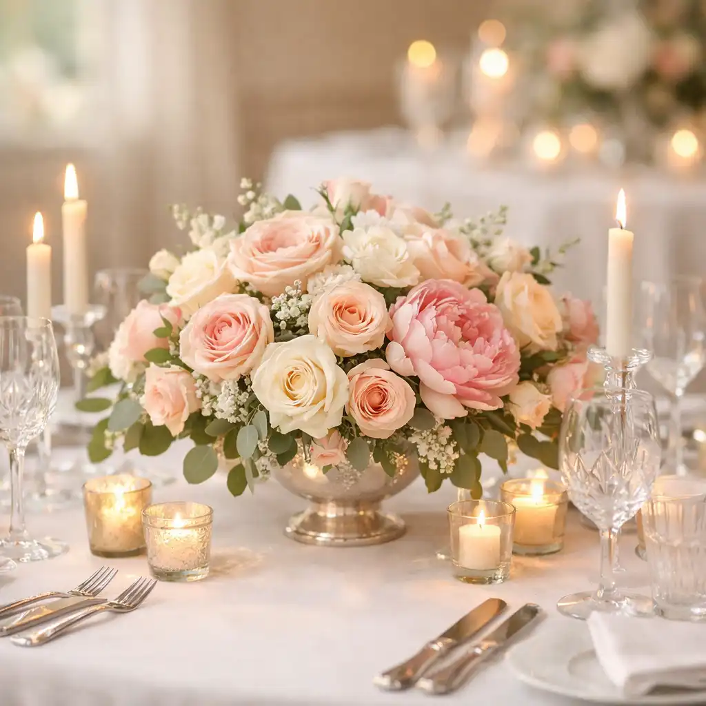 Table de réception élégamment décorée avec des fleurs, des bougies et des verres en cristal