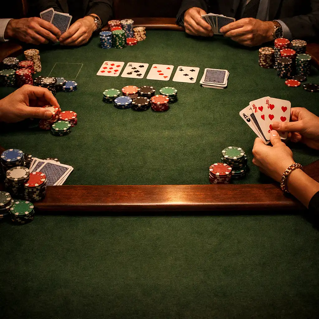 Table de poker professionnelle avec jetons colorés et cartes à jouer, ambiance tamisée