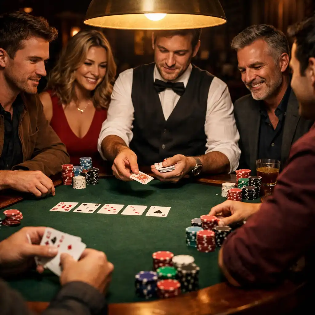 Joueurs adultes autour d’une table de poker professionnelle avec tapis vert, cartes et jetons
