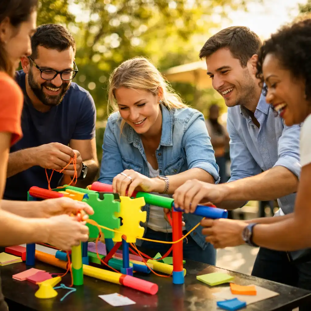 Groupe de collègues participant à un défi collectif en extérieur lors d’un team building