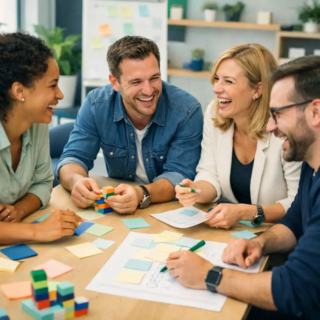 Groupe de collègues collaborant autour d’une table lors d’un team building lumineux