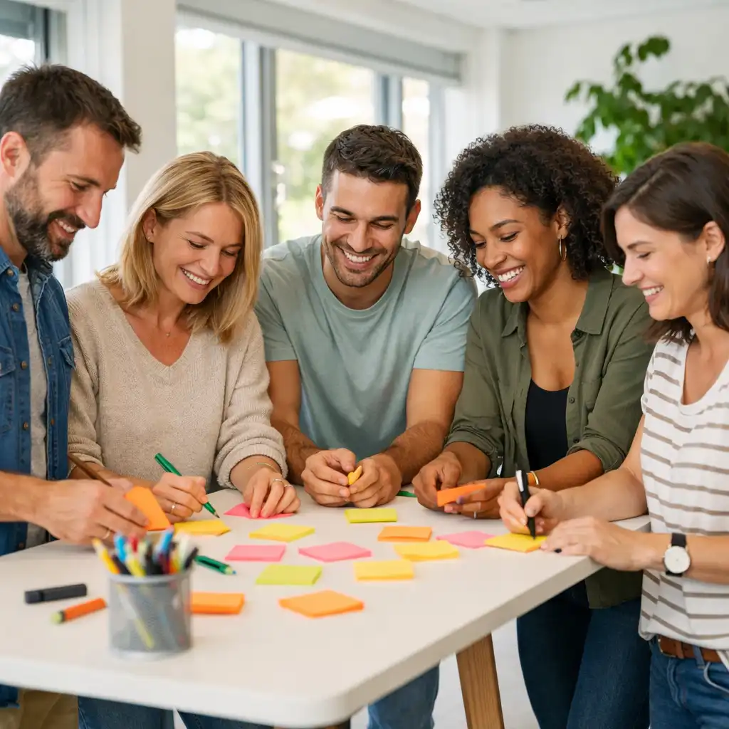 Collègues qui collaborent autour d’une table haute lors d’un team building créatif