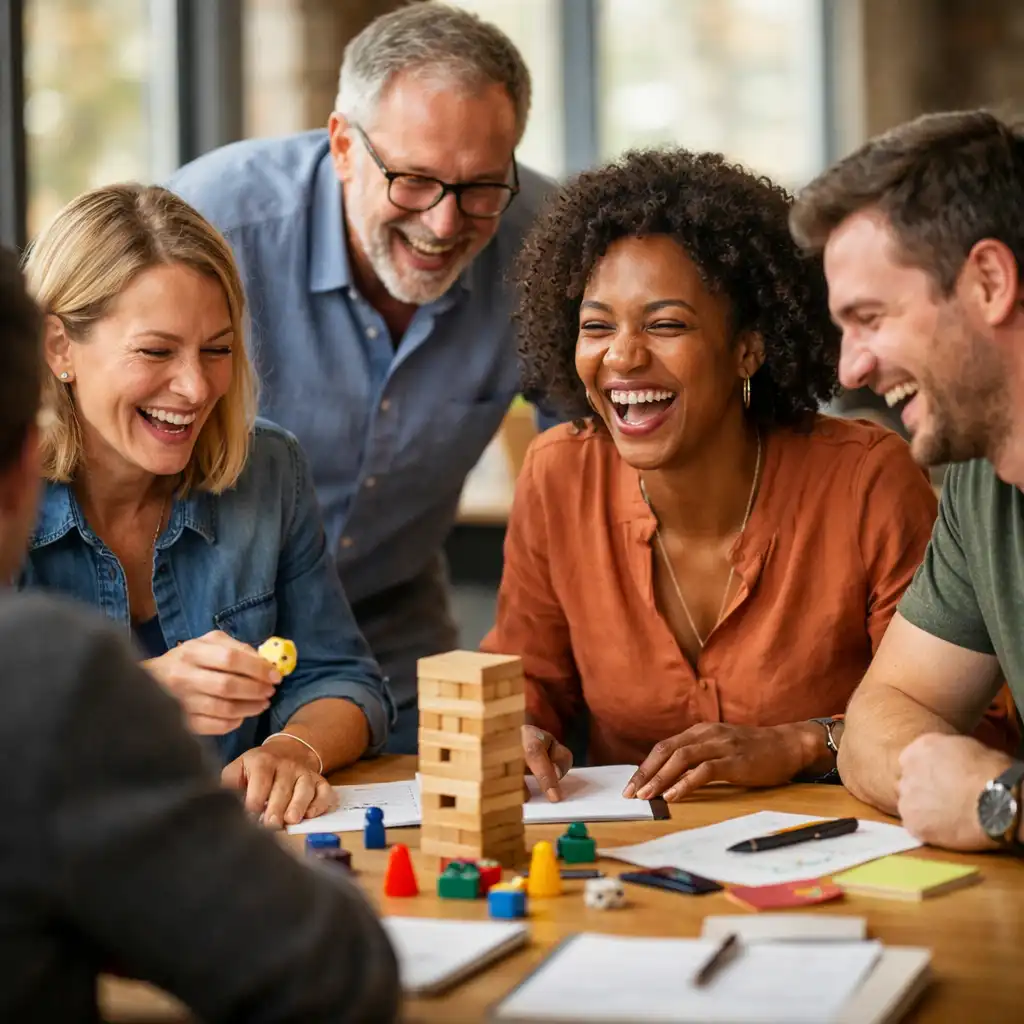 Groupe de collègues riant et collaborant autour d’une table lors d’un team building