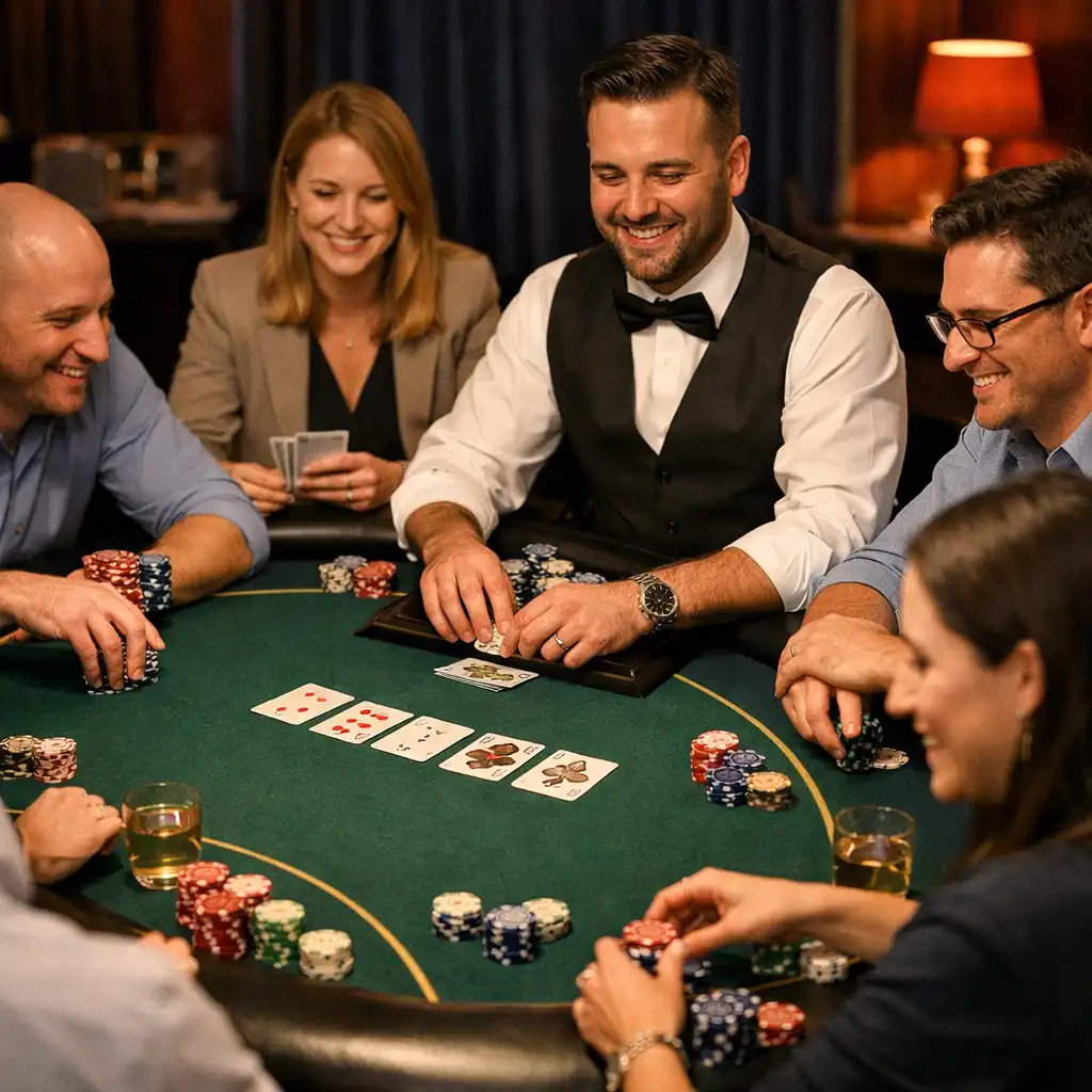 Table de poker offline avec des collègues et un croupier souriant lors d’un team building